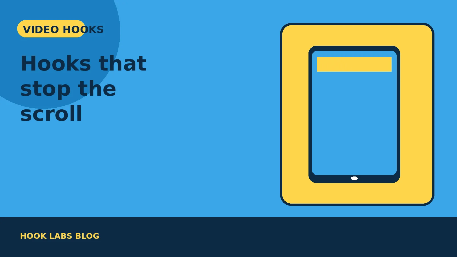 Illustration of a thumb freezing over a phone feed as a bold yellow hook text pops from a video ad