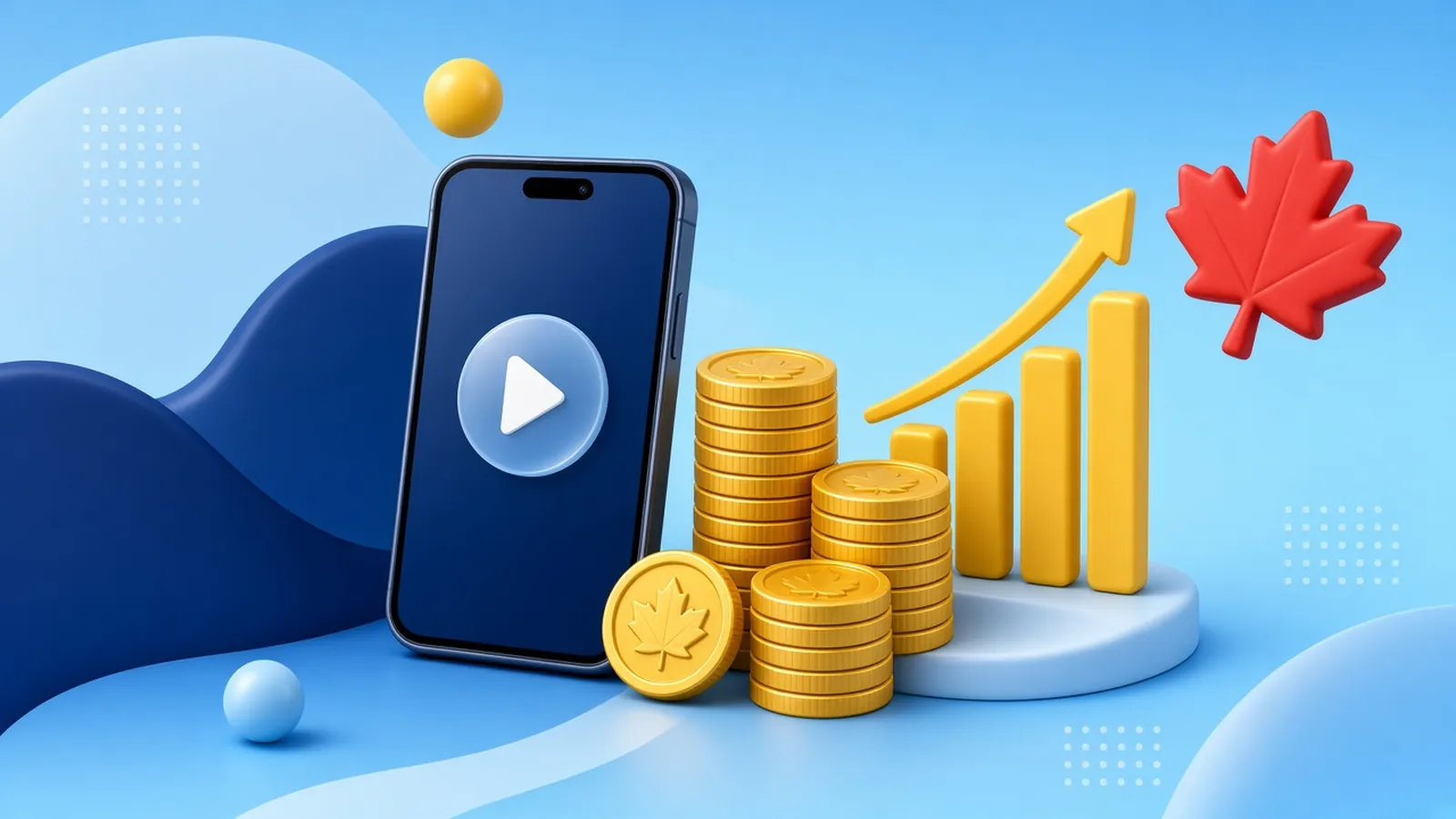 Illustration of a phone with a play button beside stacks of maple-leaf coins and a rising bar chart