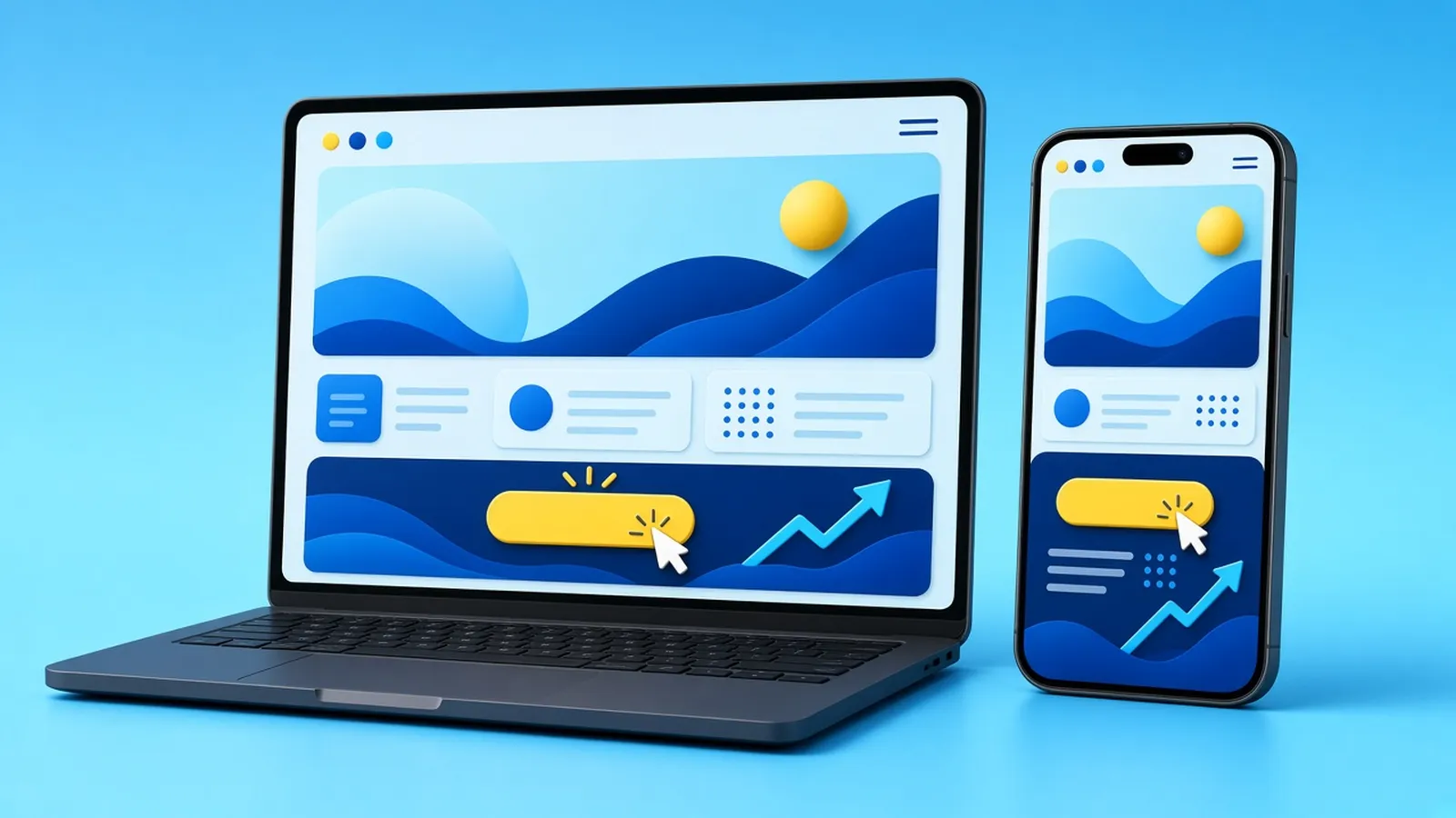 Illustration of a laptop and phone showing a landing page with a yellow call-to-action button being clicked