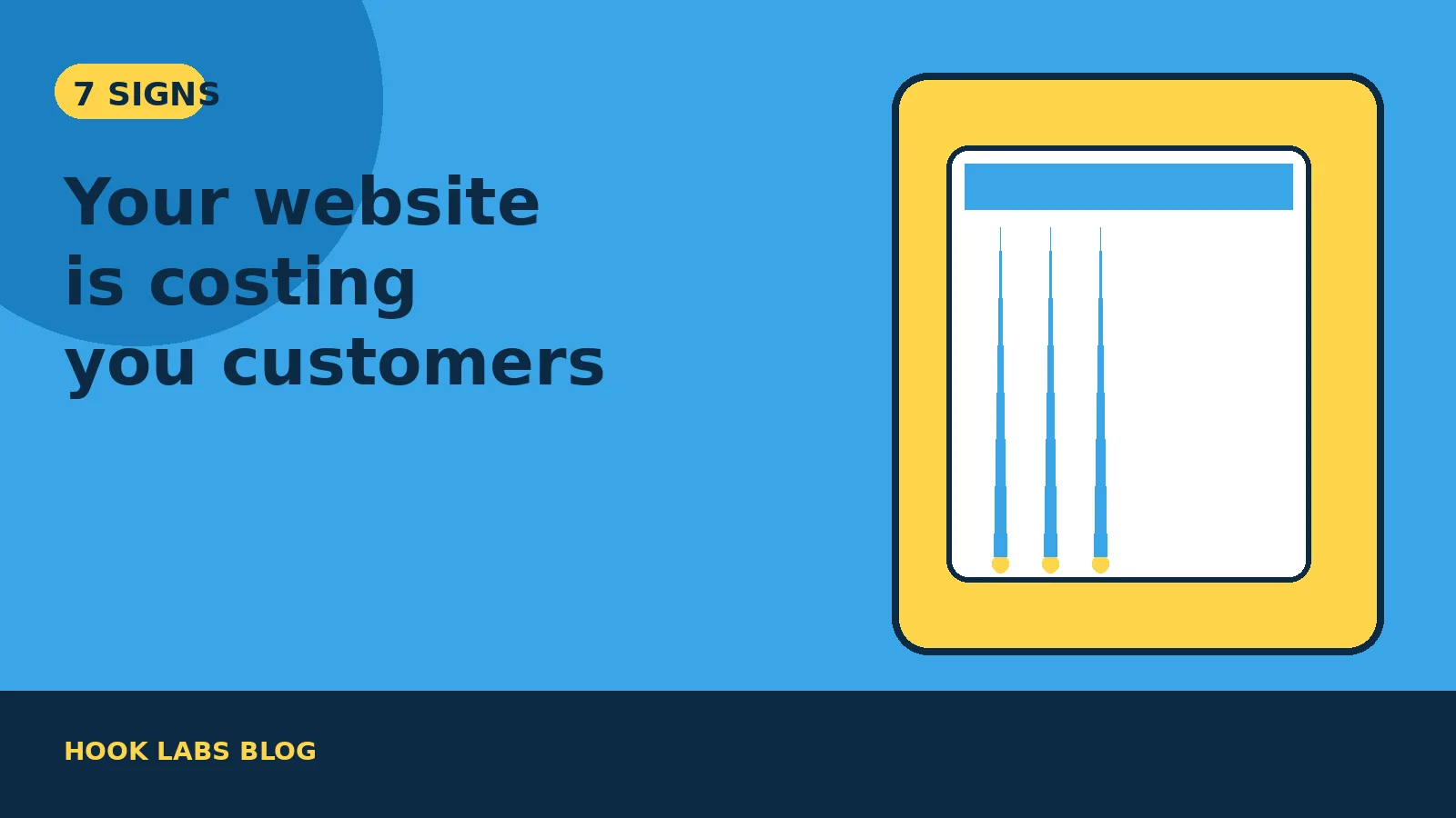 Illustration of a cracked website window with customers walking away and a yellow warning badge