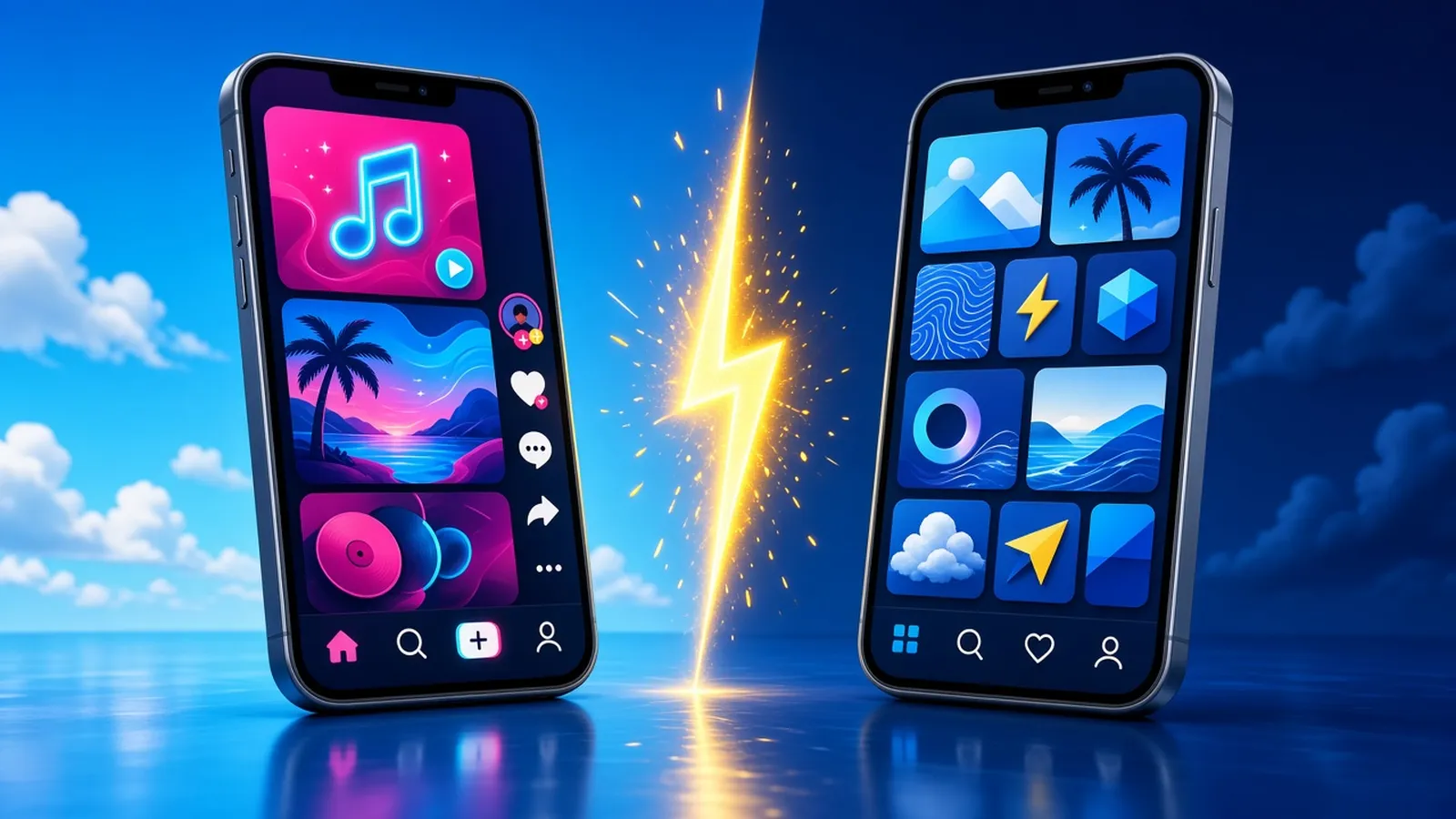 Illustration of two smartphones facing off with a yellow lightning bolt between a short-video feed and a photo-grid feed