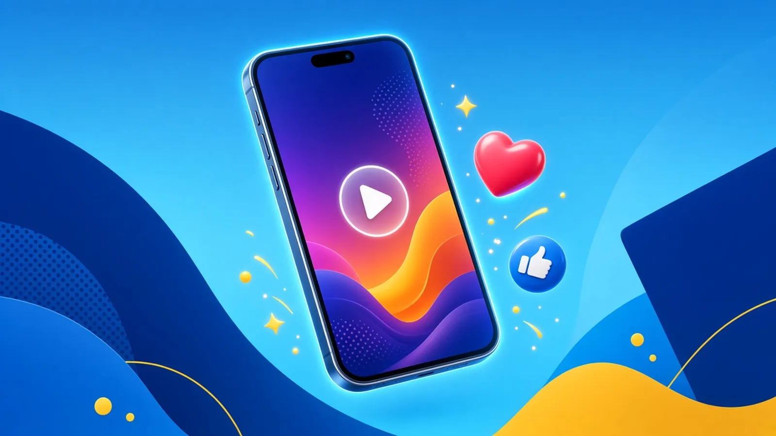 Illustration of a tilted smartphone playing a colourful vertical video ad with hearts and likes floating out