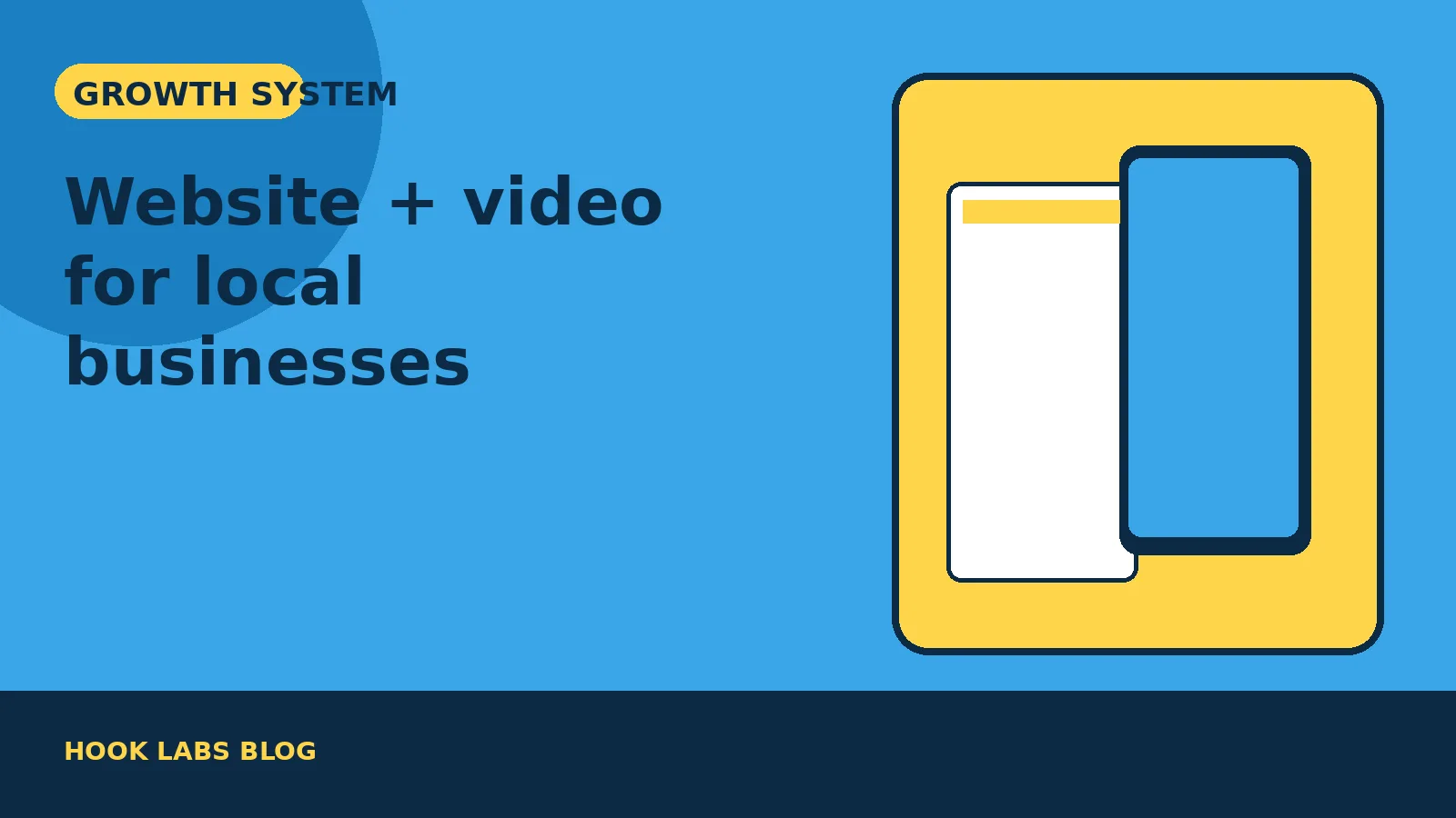 Illustration of a storefront connected to a phone playing a video ad and a clean website booking page